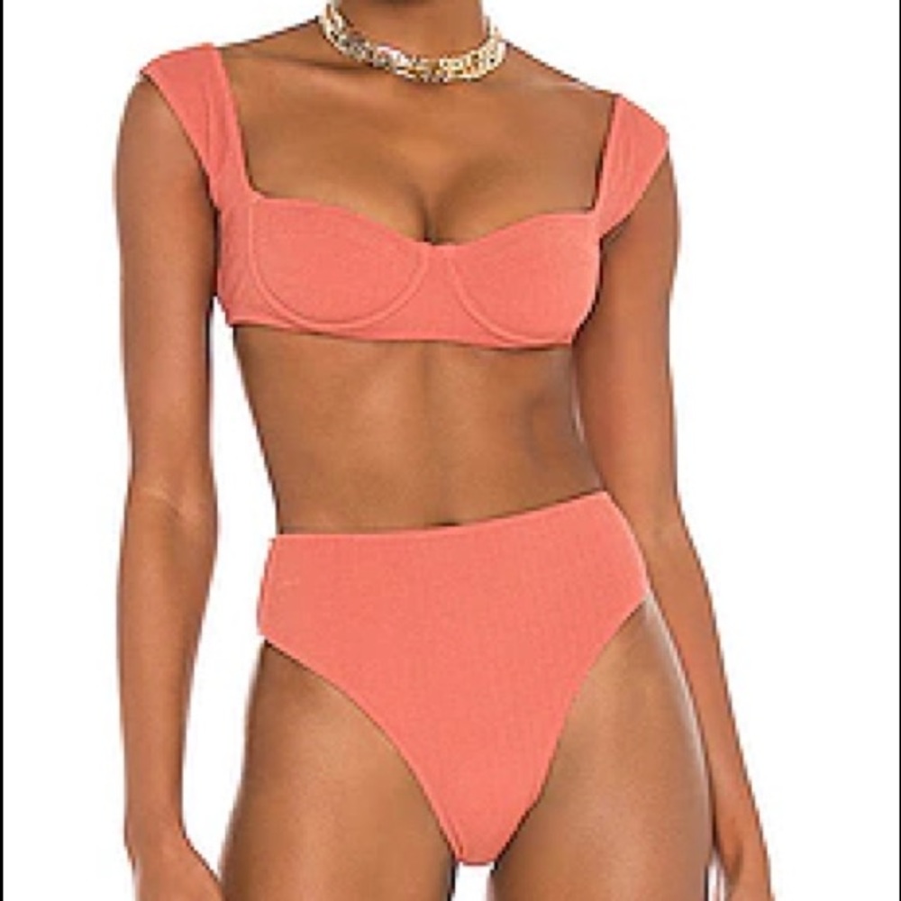 High-Waist Coral Bikini Set with Square Neck Top
